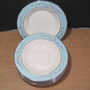 8 Taylor Smith & Taylor Platinum Blue Pink Symphony 9" Rimmed Soup Plates Classi
